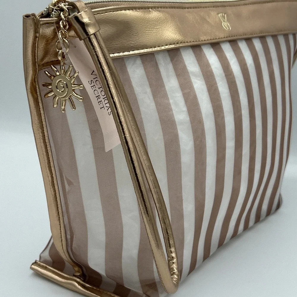 Victoria's Secret Striped Clear Cosmetic Bag Metallic Rose Gold Travel Pouch NWT